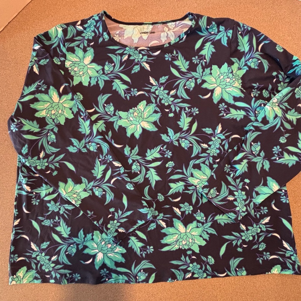 Lands' End Swim Tee Teal/Navy Floral SZ 2X.โ UPF. Beach